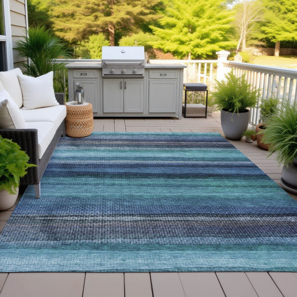 HomeRoots 5' Teal Blue Aqua and Navy Striped Washable Area Rug – Durable Comfort for Indoor and Outdoor Use 5' X 8' 631222
