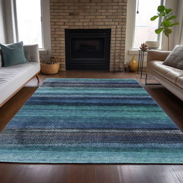 HomeRoots 5' Teal Blue Aqua and Navy Striped Washable Area Rug – Durable Comfort for Indoor and Outdoor Use 5' X 8' 631222