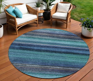 HomeRoots 5' Teal Blue Aqua and Navy Striped Washable Area Rug – Durable Comfort for Indoor and Outdoor Use 8' Round 631223