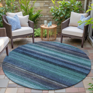 HomeRoots 5' Teal Blue Aqua and Navy Striped Washable Area Rug – Durable Comfort for Indoor and Outdoor Use 8' Round 631223