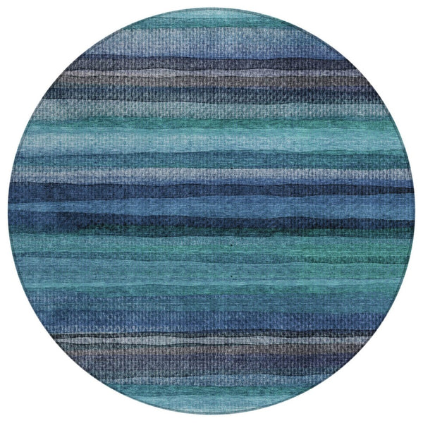 HomeRoots 5' Teal Blue Aqua and Navy Striped Washable Area Rug – Durable Comfort for Indoor and Outdoor Use 8' Round 631223