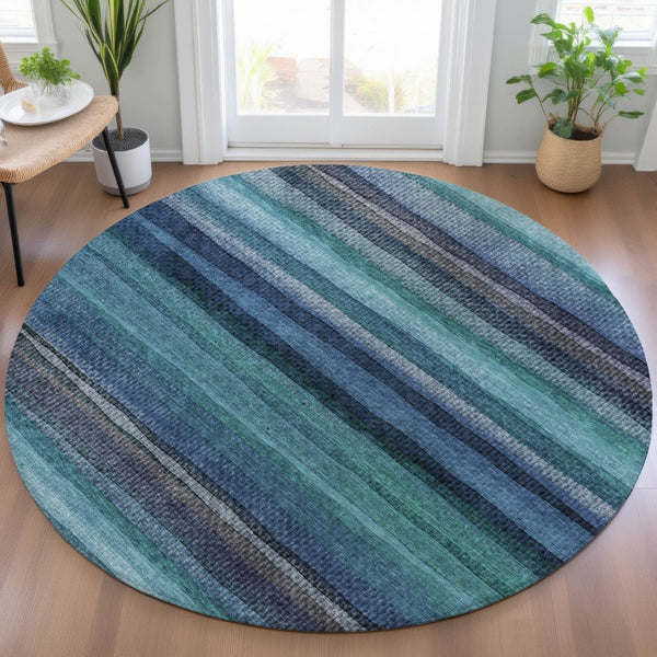 HomeRoots 5' Teal Blue Aqua and Navy Striped Washable Area Rug – Durable Comfort for Indoor and Outdoor Use 8' Round 631223