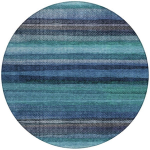 HomeRoots 5' Teal Blue Aqua and Navy Striped Washable Area Rug – Durable Comfort for Indoor and Outdoor Use 8' Round 631223