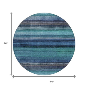 HomeRoots 5' Teal Blue Aqua and Navy Striped Washable Area Rug – Durable Comfort for Indoor and Outdoor Use 8' Round 631223