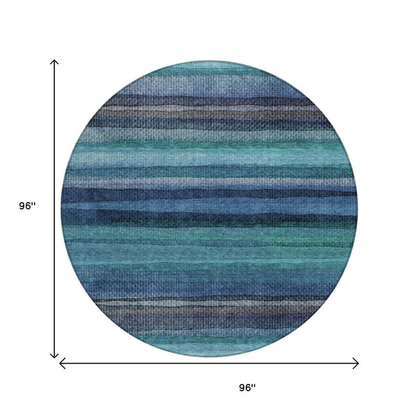 HomeRoots 5' Teal Blue Aqua and Navy Striped Washable Area Rug – Durable Comfort for Indoor and Outdoor Use 8' Round 631223
