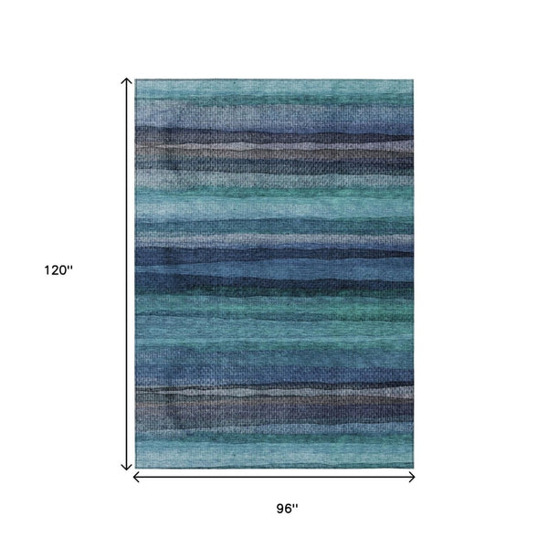 HomeRoots 5' Teal Blue Aqua and Navy Striped Washable Area Rug – Durable Comfort for Indoor and Outdoor Use 8' X 10' 631224