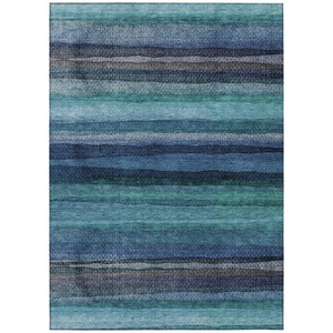 HomeRoots 5' Teal Blue Aqua and Navy Striped Washable Area Rug – Durable Comfort for Indoor and Outdoor Use 9' X 12' 631225