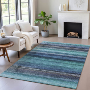 HomeRoots 5' Teal Blue Aqua and Navy Striped Washable Area Rug – Durable Comfort for Indoor and Outdoor Use 9' X 12' 631225
