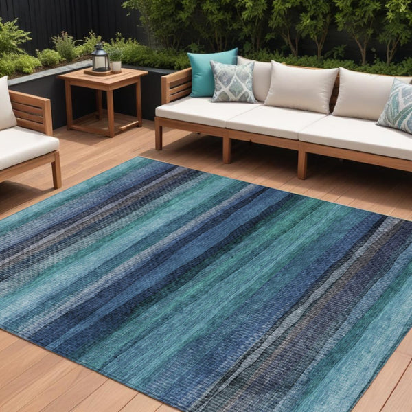 HomeRoots 5' Teal Blue Aqua and Navy Striped Washable Area Rug – Durable Comfort for Indoor and Outdoor Use 10' X 14' 631226