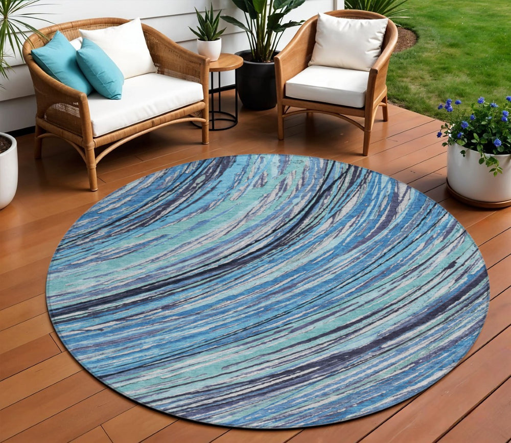 HomeRoots 5' Blue Aqua and Ivory Abstract Indoor Outdoor Area Rug – Stylish, Durable, and Washable Design for All Spaces 8' Round 631235