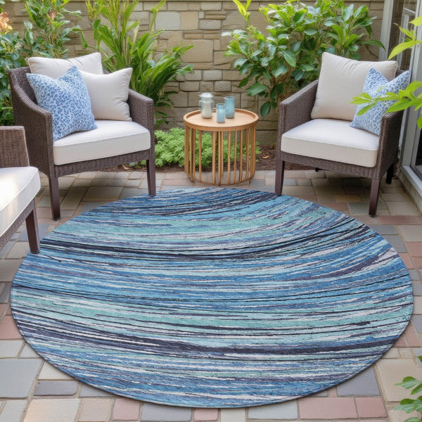 HomeRoots 5' Blue Aqua and Ivory Abstract Indoor Outdoor Area Rug – Stylish, Durable, and Washable Design for All Spaces 8' Round 631235