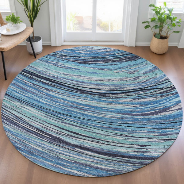 HomeRoots 5' Blue Aqua and Ivory Abstract Indoor Outdoor Area Rug – Stylish, Durable, and Washable Design for All Spaces 8' Round 631235