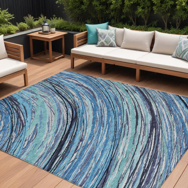 HomeRoots 5' Blue Aqua and Ivory Abstract Indoor Outdoor Area Rug – Stylish, Durable, and Washable Design for All Spaces 9' X 12' 631237