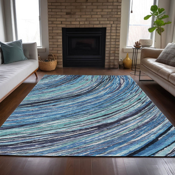 HomeRoots 5' Blue Aqua and Ivory Abstract Indoor Outdoor Area Rug – Stylish, Durable, and Washable Design for All Spaces 10' X 14' 631238