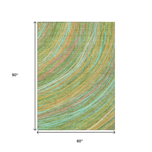 HomeRoots 5' Vibrant Abstract Washable Area Rug in Green, Peach & Gold - Perfect for Indoor & Outdoor Spaces 5' X 8' 631240