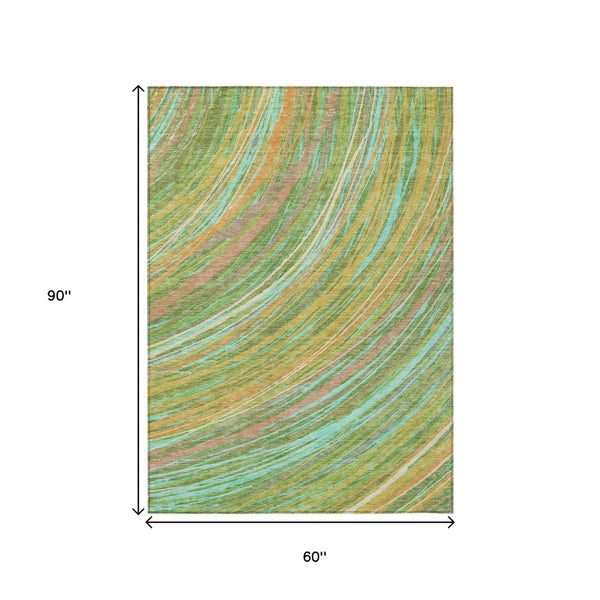 HomeRoots 5' Vibrant Abstract Washable Area Rug in Green, Peach & Gold - Perfect for Indoor & Outdoor Spaces 5' X 8' 631240