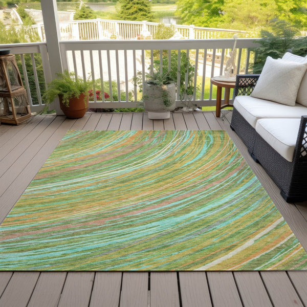 HomeRoots 5' Vibrant Abstract Washable Area Rug in Green, Peach & Gold - Perfect for Indoor & Outdoor Spaces 5' X 8' 631240