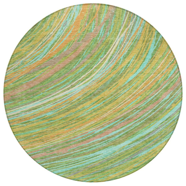 HomeRoots 5' Vibrant Abstract Washable Area Rug in Green, Peach & Gold - Perfect for Indoor & Outdoor Spaces 8' Round 631241