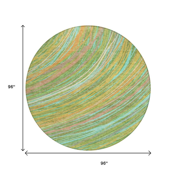 HomeRoots 5' Vibrant Abstract Washable Area Rug in Green, Peach & Gold - Perfect for Indoor & Outdoor Spaces 8' Round 631241