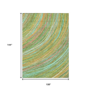 HomeRoots 5' Vibrant Abstract Washable Area Rug in Green, Peach & Gold - Perfect for Indoor & Outdoor Spaces 9' X 12' 631243