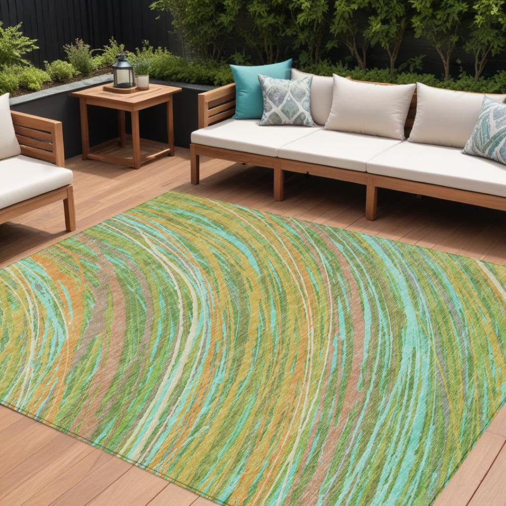 HomeRoots 5' Vibrant Abstract Washable Area Rug in Green, Peach & Gold - Perfect for Indoor & Outdoor Spaces 9' X 12' 631243