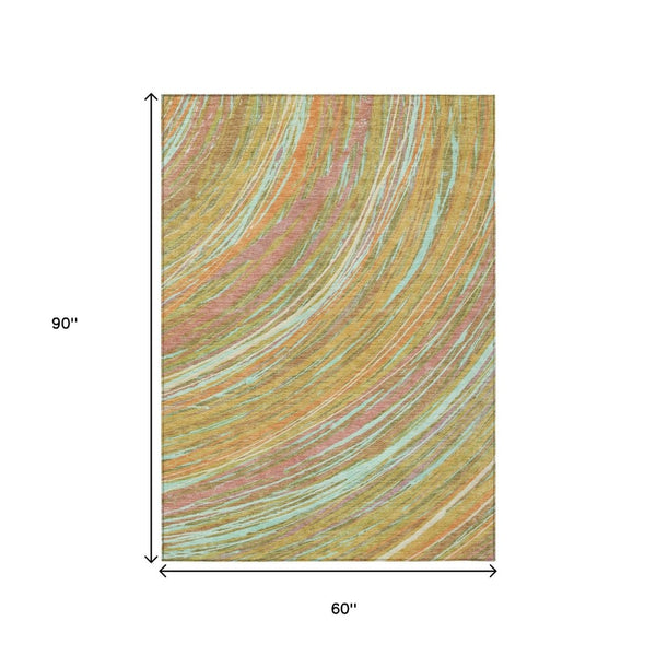 HomeRoots 5' Modern Abstract Area Rug in Gold, Sky Blue, and Coral - Washable, Non-Slip for Indoor & Outdoor Use 5' X 8' 631246