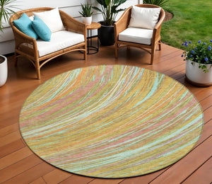 HomeRoots 5' Modern Abstract Area Rug in Gold, Sky Blue, and Coral - Washable, Non-Slip for Indoor & Outdoor Use 8' Round 631247