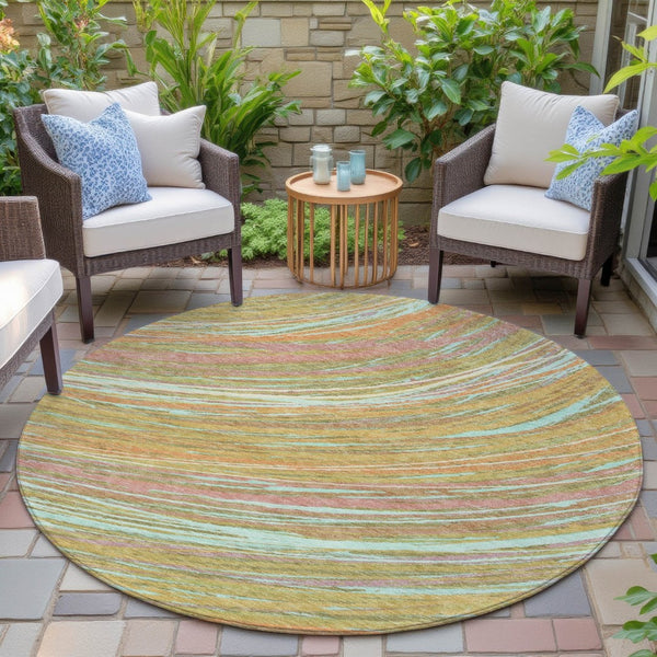 HomeRoots 5' Modern Abstract Area Rug in Gold, Sky Blue, and Coral - Washable, Non-Slip for Indoor & Outdoor Use 8' Round 631247