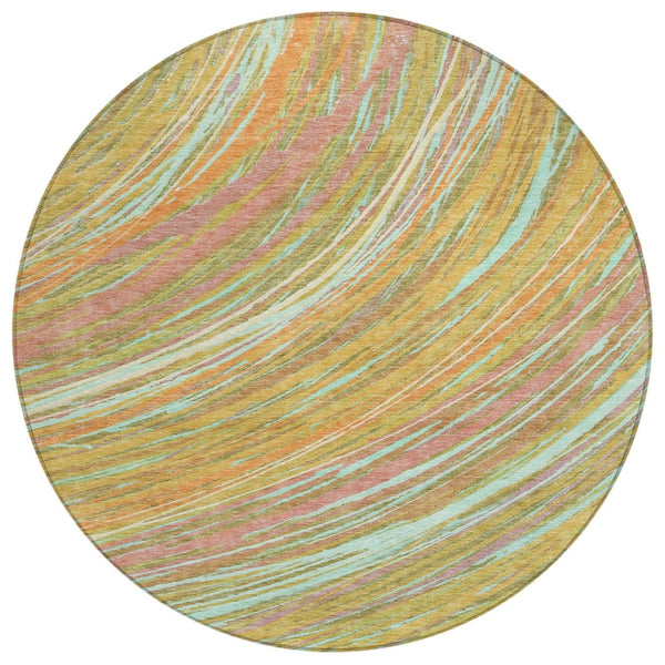 HomeRoots 5' Modern Abstract Area Rug in Gold, Sky Blue, and Coral - Washable, Non-Slip for Indoor & Outdoor Use 8' Round 631247