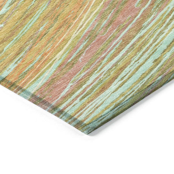 HomeRoots 5' Modern Abstract Area Rug in Gold, Sky Blue, and Coral - Washable, Non-Slip for Indoor & Outdoor Use 8' Round 631247