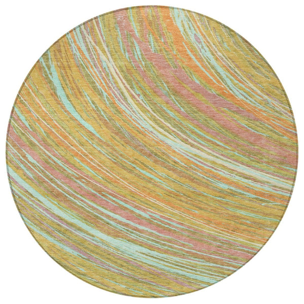 HomeRoots 5' Modern Abstract Area Rug in Gold, Sky Blue, and Coral - Washable, Non-Slip for Indoor & Outdoor Use 8' Round 631247