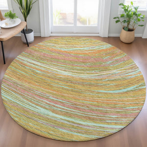 HomeRoots 5' Modern Abstract Area Rug in Gold, Sky Blue, and Coral - Washable, Non-Slip for Indoor & Outdoor Use 8' Round 631247