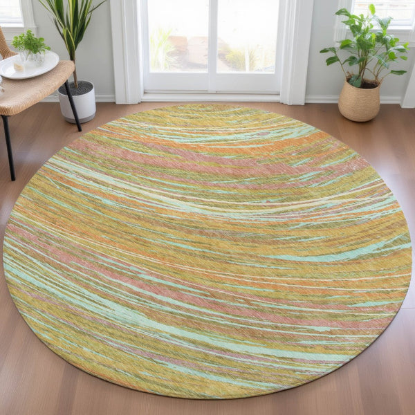 HomeRoots 5' Modern Abstract Area Rug in Gold, Sky Blue, and Coral - Washable, Non-Slip for Indoor & Outdoor Use 8' Round 631247