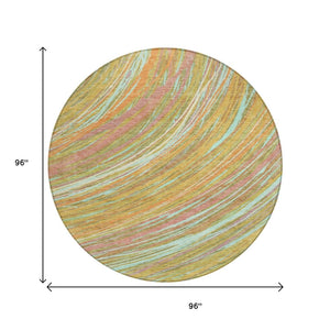 HomeRoots 5' Modern Abstract Area Rug in Gold, Sky Blue, and Coral - Washable, Non-Slip for Indoor & Outdoor Use 8' Round 631247