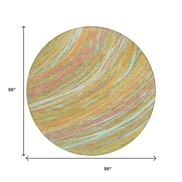 HomeRoots 5' Modern Abstract Area Rug in Gold, Sky Blue, and Coral - Washable, Non-Slip for Indoor & Outdoor Use 8' Round 631247