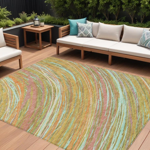 HomeRoots 5' Modern Abstract Area Rug in Gold, Sky Blue, and Coral - Washable, Non-Slip for Indoor & Outdoor Use 8' X 10' 631248