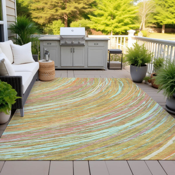 HomeRoots 5' Modern Abstract Area Rug in Gold, Sky Blue, and Coral - Washable, Non-Slip for Indoor & Outdoor Use 9' X 12' 631249