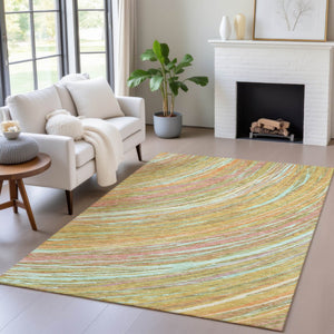 HomeRoots 5' Modern Abstract Area Rug in Gold, Sky Blue, and Coral - Washable, Non-Slip for Indoor & Outdoor Use 9' X 12' 631249