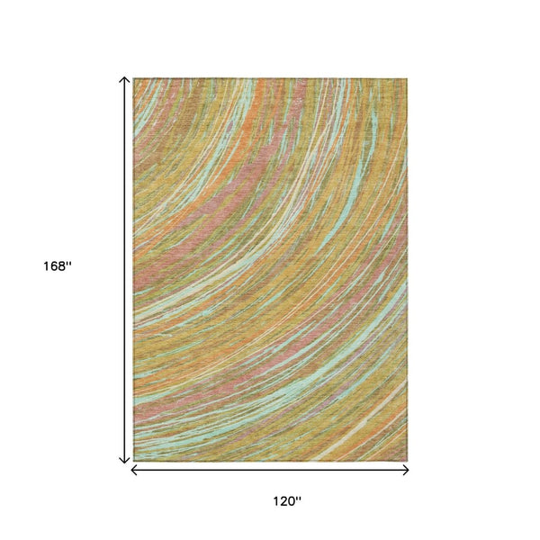 HomeRoots 5' Modern Abstract Area Rug in Gold, Sky Blue, and Coral - Washable, Non-Slip for Indoor & Outdoor Use 10' X 14' 631250