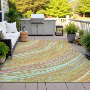 HomeRoots 5' Modern Abstract Area Rug in Gold, Sky Blue, and Coral - Washable, Non-Slip for Indoor & Outdoor Use 10' X 14' 631250