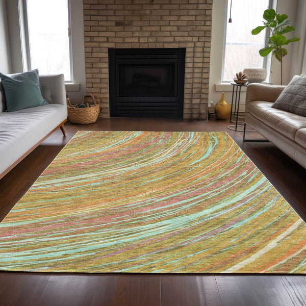 HomeRoots 5' Modern Abstract Area Rug in Gold, Sky Blue, and Coral - Washable, Non-Slip for Indoor & Outdoor Use 10' X 14' 631250