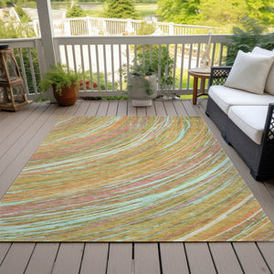 HomeRoots 5' Modern Abstract Area Rug in Gold, Sky Blue, and Coral - Washable, Non-Slip for Indoor & Outdoor Use 10' X 14' 631250