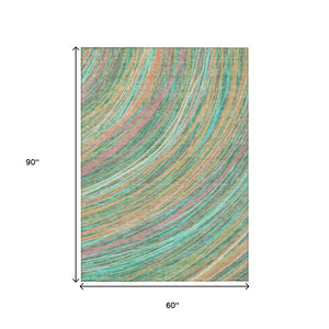 HomeRoots 5' Vibrant Abstract Teal Blue Pink Peach Area Rug – Washable Indoor Outdoor Floor Decor for All Spaces 5' X 8' 631252