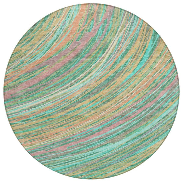 HomeRoots 5' Vibrant Abstract Teal Blue Pink Peach Area Rug – Washable Indoor Outdoor Floor Decor for All Spaces 8' Round 631253