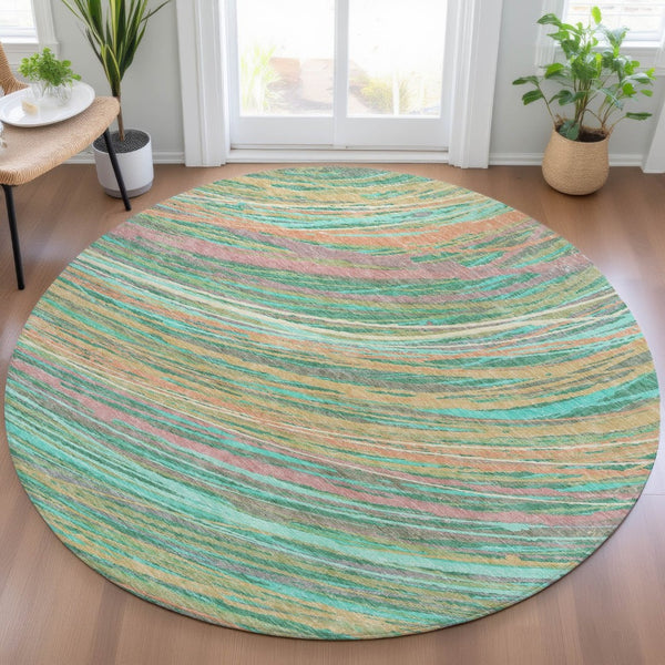HomeRoots 5' Vibrant Abstract Teal Blue Pink Peach Area Rug – Washable Indoor Outdoor Floor Decor for All Spaces 8' Round 631253