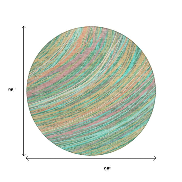 HomeRoots 5' Vibrant Abstract Teal Blue Pink Peach Area Rug – Washable Indoor Outdoor Floor Decor for All Spaces 8' Round 631253