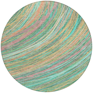 HomeRoots 5' Vibrant Abstract Teal Blue Pink Peach Area Rug – Washable Indoor Outdoor Floor Decor for All Spaces 8' Round 631253
