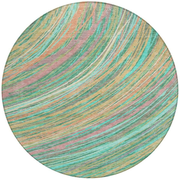 HomeRoots 5' Vibrant Abstract Teal Blue Pink Peach Area Rug – Washable Indoor Outdoor Floor Decor for All Spaces 8' Round 631253