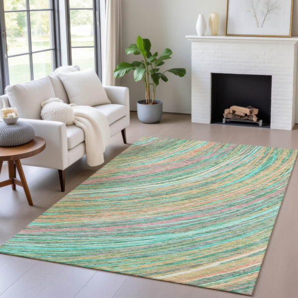 HomeRoots 5' Vibrant Abstract Teal Blue Pink Peach Area Rug – Washable Indoor Outdoor Floor Decor for All Spaces 8' X 10' 631254