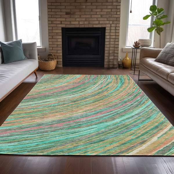 HomeRoots 5' Vibrant Abstract Teal Blue Pink Peach Area Rug – Washable Indoor Outdoor Floor Decor for All Spaces 8' X 10' 631254